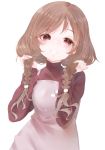  1girl blush braid cloud_hair_ornament dress eyebrows_visible_through_hair gradient_hair highres inorin05kanae kantai_collection light_brown_hair long_hair looking_at_viewer minegumo_(kantai_collection) multicolored_hair red_eyes red_sweater remodel_(kantai_collection) simple_background smile solo sweater twin_braids white_background 