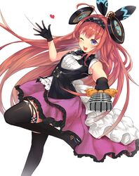  1girl ;d black_footwear black_gloves black_hairband black_neckwear blue_eyes blush boots bow eyebrows_visible_through_hair floating_hair frilled_skirt frills gloves hairband heart highres holding holding_microphone layered_skirt lishenna_omen_of_destruction long_hair microphone one_eye_closed open_mouth orange_bow outstretched_arm purple_skirt redhead shadowverse shiny shiny_hair shirt simple_background skirt sleeveless sleeveless_shirt smile solo standing standing_on_one_leg thigh-highs thigh_boots very_long_hair white_background white_shirt yamato_(muchuu_paradigm) 