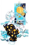  1girl artist_name cereal clouds cowboy_shot crater crescent_moon earrings jewelry long_sleeves maruti_bitamin moon original planet profile short_hair smile solo spoon white_hair yellow_eyes 