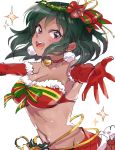  1girl :d bangs bell bell_choker breasts choker christmas cleavage collarbone dark_green_hair dark_skin earrings elbow_gloves eyebrows_visible_through_hair flower fur-trimmed_gloves fur_trim gloves green_hair hibiscus idolmaster idolmaster_cinderella_girls jewelry kakitsubata_zero looking_at_viewer medium_breasts natalia_(idolmaster) navel open_mouth outstretched_arms pom_pom_(clothes) red_choker red_flower red_gloves short_hair simple_background smile solo sparkle teeth violet_eyes white_background 