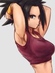  1girl armpits arms_up black_hair bracer breasts brown_eyes closed_mouth collarbone commentary_request dragon_ball dragon_ball_super earrings expressionless flat_color fusion grey_background jewelry kefla_(dragon_ball) looking_at_viewer medium_breasts potara_earrings red_shirt shirt solo spiky_hair st62svnexilf2p9 stomach tank_top toned 