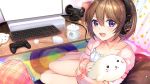  1girl :d barefoot bean_bag_chair brown_hair computer controller cup curtains full_body game_controller hair_between_eyes headphones holding holding_stuffed_animal indoors keyboard_(computer) looking_at_viewer mimikaki mochiko_(mochiko3121) monitor mouse_(computer) mug open_mouth original pillow short_hair sitting smile solo speaker stuffed_animal stuffed_seal stuffed_toy violet_eyes 