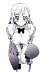  1girl bare_shoulders blush_stickers bow bowtie breasts chair cleavage covered_nipples highres kusanagi_tonbo large_breasts long_sleeves monochrome off_shoulder original pantyhose pleated_skirt sitting skirt solo 