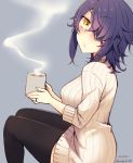  1girl alternate_costume artist_name black_legwear blush breasts closed_mouth coffee coffee_mug cup dated eyebrows_visible_through_hair eyepatch from_side hair_over_one_eye highres holding holding_cup jewelry kantai_collection kotobuki_(momoko_factory) large_breasts long_sleeves looking_at_viewer mug purple_hair ring short_hair sitting solo steam sweater tenryuu_(kantai_collection) thigh-highs twitter_username yellow_eyes 