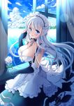  1girl apron azur_lane bangs belfast_(azur_lane) black_gloves blue_eyes blush braid breasts chains cleavage clouds cloudy_sky collar collarbone commentary_request day dress eyebrows_visible_through_hair fingerless_gloves french_braid frills gloves hoshino_koucha indoors large_breasts long_hair looking_at_viewer maid maid_headdress ocean open_window silver_hair sky smile solo summer white_hair window 
