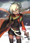  1girl absurdres alternate_hairstyle belt blonde_hair commentary_request dark_skin eyebrows_visible_through_hair girls_frontline glowing glowing_eyes green_eyes gun highres klin_(girls_frontline) korean_commentary leonat long_scarf scarf shorts snow snowing solo submachine_gun thigh-highs weapon 