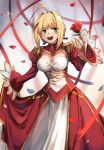  1girl ahoge blonde_hair breasts cleavage corset epaulettes eyebrows_visible_through_hair fate/extra fate_(series) flower green_eyes highres holding holding_flower medium_breasts nero_claudius_(fate) nero_claudius_(fate)_(all) open_mouth petals red_flower red_ribbon red_rose ribbon rose short_hair solo yorktown_cv-5 