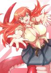  1girl belt breasts eyebrows_visible_through_hair front-tie_top hair_between_eyes hair_ornament hairclip happy highres hug incoming_hug jewelry lamia large_breasts long_hair midriff miia_(monster_musume) miniskirt monster_girl monster_musume_no_iru_nichijou navel no_bra open_hands open_mouth pleated_skirt pointy_ears redhead scales shirt simple_background skirt slit_pupils solo tail tied_shirt yellow_eyes zetsu_(zyej5442) 
