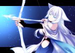  1girl animal_ears arrow bangs blue_eyes blunt_bangs bow_(weapon) breasts cleavage cloak closed_mouth dated drawing_bow eyebrows_visible_through_hair fox_ears fox_tail hip_vent konshin large_breasts long_hair looking_at_viewer pixiv_fantasia pixiv_fantasia_last_saga signature solo tail weapon white_hair 