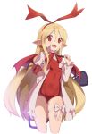  1girl absurdres bat_wings blonde_hair bow bowtie covered_navel demon_tail disgaea flonne flonne_(fallen_angel) hairband highres long_hair looking_at_viewer ohihil open_mouth red_bow red_eyes red_hairband red_wings simple_background smile solo tail tail_bow white_background white_bow wings 