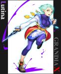  1girl blue_hair bodysuit breasts cleavage commentary_request grandia grandia_xtreme jewelry knife lutina_(grandia) necklace pointy_ears short_hair solo titto_(grandia) yellow_eyes 