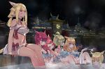  6+girls animal_ears architecture bangs bare_shoulders bikini bikini_top blonde_hair blue_eyes blunt_bangs blush bottle braid breasts cat_ears cat_tail city cleavage contrapposto criss-cross_halter detached_collar east_asian_architecture eyebrows_visible_through_hair facial_mark final_fantasy final_fantasy_xiv frilled_bikini frills full-face_blush green_eyes halterneck highres hiyo_moo hot_tub jacket long_hair medium_breasts miqo&#039;te multiple_girls night open_clothes open_jacket open_mouth partially_submerged pleated_skirt red_eyes redhead sake_bottle sitting skirt sky sleeping star_(sky) starry_sky swept_bangs swimsuit tail thigh_strap tokkuri twin_braids water white_bikini 