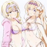  2girls artist_name artist_request bikini blonde_hair breasts cygames emiya-san_chi_no_kyou_no_gohan fate/apocrypha fate/grand_order fate_(series) flower from_side granblue_fantasy groin hair_between_eyes hair_flower hair_ornament headpiece jeanne_d&#039;arc_(fate)_(all) jeanne_d&#039;arc_(granblue_fantasy) long_braid long_hair magical_ondine medium_breasts multiple_girls name_connection namesake navel ruler_(fate/apocrypha) see-through side-tie_bottom smile swimsuit swimsuit_under_clothes type-moon violet_eyes white_background 