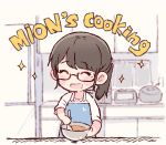  1girl :d ^_^ akb48 apron bangs blue_apron blurry blurry_background blush bowl character_name chibi closed_eyes closed_eyes commentary cooking english_commentary english_text kitchen long_hair mole mole_under_eye mukaichi_mion open_mouth ponytail real_life rice_cooker shirt sidelocks smile solo sparkle spoon stirring taneda_yuuta upper_body white_shirt 