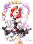  1girl :d bangs black_neckwear detached_collar detached_sleeves eyebrows_visible_through_hair flower happy_birthday hat hat_flower highres looking_at_viewer love_live! love_live!_school_idol_festival miniskirt musical_note musical_note_print nishikino_maki open_mouth petals print_hat print_skirt purple_flower purple_rose red_flower redhead rose short_hair skirt smile solo standing strapless swept_bangs violet_eyes wal---dg7sdr-0128 white_background white_sleeves wing_collar wrist_cuffs 