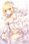  1girl ahoge bangs blonde_hair blush breasts bug butterfly chains closed_mouth detached_sleeves eyebrows_visible_through_hair fate/extra fate/extra_ccc fate/grand_order fate_(series) gloves green_eyes hair_between_eyes highres insect leotard lock looking_at_viewer medium_breasts nero_claudius_(bride)_(fate) nero_claudius_(fate)_(all) smile standing symbol_commentary taya_5323203 thigh-highs veil white_background white_gloves white_legwear white_leotard wide_sleeves zipper_pull_tab 