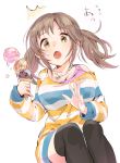  /\/\/\ 1girl black_legwear breasts brown_hair cleavage collarbone eyebrows_visible_through_hair flying_sweatdrops food heart heart_necklace holding ice_cream ice_cream_cone idolmaster idolmaster_cinderella_girls jewelry kakitsubata_zero large_breasts long_sleeves medium_hair necklace open_mouth orange_eyes shirt simple_background sitting solo striped striped_shirt thigh-highs totoki_airi twintails white_background zettai_ryouiki 