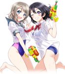  2girls ascii_media_works ass bangs bare_legs barefoot black_hair blue_eyes blush bow bowtie breasts bushiroad cousins curvy cute eyebrows_visible_through_hair family grey_hair hand_holding highres looking_at_viewer love_live! love_live!_sunshine!! medium_breasts multiple_girls one-piece_swimsuit one_eye_closed open_mouth rozen5 sailor_collar school_uniform see-through shirt short_hair siblings simple_background sisters smile sunrise_(studio) swimsuit swimsuit_under_clothes teeth violet_eyes watanabe_tsuki watanabe_you water_drop water_gun wet wet_clothes white_background white_shirt 