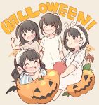  &gt;:) 5girls ^_^ akb48 bangs beige_background black_hair blush bow brown_hair clenched_hand closed_eyes closed_eyes commentary_request facial_mark hair_bow halloween hand_up heart holding jack-o&#039;-lantern katou_rena long_hair long_sleeves looking_at_viewer mole mole_under_eye mole_under_mouth mukaichi_mion multiple_girls nightgown nightshirt one_side_up ooshima_ryouka pajamas pink_bow ponytail real_life short_hair short_sleeves sidelocks sitting takahashi_jyuri taneda_yuuta towel towel_on_head twintails 