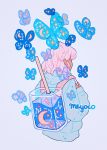  1girl artist_name backpack bag bangs bug butterfly constellation crescent_moon cropped_torso drinking_straw facing_away highres hood hoodie insect liquid medium_hair meyoco moon original pink_hair purple_background simple_background solo star_(sky) transparent upper_body 