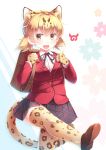  1girl absurdres alternate_costume alternate_hairstyle animal_ears animal_print backpack bag blazer blonde_hair blush brown_hair collared_shirt commentary_request cowboy_shot extra_ears eyebrows_visible_through_hair fang gloves highres holding_strap jacket kanzakietc kemono_friends kemono_friends_festival leg_up leopard_(kemono_friends) leopard_ears leopard_print leopard_tail loafers multicolored_hair neck_ribbon open_mouth plaid plaid_skirt pleated_skirt print_gloves print_legwear ribbon school_uniform shirt shoes short_twintails skirt solo tail thigh-highs twintails yellow_eyes zettai_ryouiki 