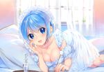  1girl :d blue_eyes blue_hair blush breasts cleavage collarbone day detached_sleeves dress hand_up indoors looking_at_viewer maid_headdress medium_breasts mimikaki mochiko_kagamino on_bed open_mouth pillow see-through short_hair smile solo vial white_dress window 