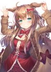 1girl :d ahoge animal_ears blue_eyes bow bowtie brown_coat brown_hair coat commentary_request grin hair_bow hands_up long_hair long_sleeves looking_at_viewer open_clothes open_coat open_mouth original red_neckwear red_shirt shirt smile solo topia 