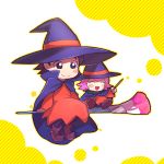  adeleine black_hair blush_stickers cape chiimako dress hat kirby_(series) nintendo paintbrush pink_hair red_dress ribbon_(kirby) smile wand witch_costume witch_hat 