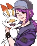  1girl :d airisubaka bangs commentary creatures_(company) english_commentary eyebrows_visible_through_hair game_freak gen_8_pokemon hair_ornament happy hat highres holding jacket long_hair looking_at_another looking_at_viewer nintendo one_eye_closed open_mouth original pokemon pokemon_(creature) ponytail purple_hair purple_jacket rabbit red_eyes scorbunny signature simple_background smile upper_teeth white_background 