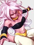  1girl android_21 bandeau bare_shoulders black_nails black_sclera bracelet breasts cleavage closed_mouth collarbone commentary_request curly_hair detached_sleeves dragon_ball dragon_ball_fighterz drawn earrings flat_color grey_background hands_up harem_pants hoop_earrings jewelry long_hair looking_at_viewer majin_android_21 medium_breasts monster_girl nail_polish navel neck_ring pants pink_skin red_eyes ring smile solo st62svnexilf2p9 tail very_long_hair white_hair white_pants 