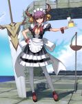  1girl apron breasts cleavage demon_girl demon_horns dress food highres horns looking_at_viewer maid maid_headdress masao original pudding puffy_sleeves purple_hair short_hair short_sleeves smile solo sword violet_eyes weapon wrist_cuffs 