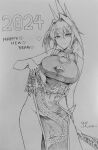  1girl breasts china_dress chinese_clothes chinese_zodiac cleavage_cutout clothing_cutout dragon_print dress graphite_(medium) halcon happy_new_year heart highres large_breasts no_panties shaman_king sketch sleeveless talisman tao_jun traditional_media yin_yang yin_yang_print 