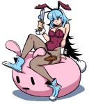  1girl akairiot animal_ears bare_shoulders bean_bag_chair black_hair blue_footwear blue_hair breasts bunny_crimson_(akairiot) bunny_girl bunny_tail bunnysuit cleavage earrings fake_animal_ears fishnet_legwear fishnet_pantyhose fishnets holding holding_knife jewelry knife large_breasts leotard long_hair multicolored_hair original pantyhose rabbit_ears red_leotard shadow sheath shoes simple_background solo strapless strapless_leotard tail tongue tongue_out two-tone_hair very_long_hair white_background wrist_cuffs 