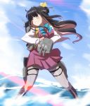  1girl adapted_turret black_hair blue_sky boots bow bowtie breasts cannon clenched_teeth clouds cross-laced_footwear day full_body grey_legwear hair_ribbon halterneck kantai_collection lace-up_boots large_breasts long_hair machinery multicolored_hair naganami_(kantai_collection) outdoors pantyhose pink_hair pose ribbon shirt sky smokestack solo speed_lines standing teeth torpedo_launcher turret two-tone_hair water wavy_hair white_shirt yellow_eyes yoshi_tama 