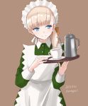  1girl alternate_costume apron artist_name bangs blonde_hair blue_eyes blunt_bangs brown_background cup dated dress enmaided eyebrows_visible_through_hair green_dress holding holding_tray kantai_collection long_hair long_sleeves maid maid_apron maid_dress maid_headdress saucer shin&#039;you_(kantai_collection) simple_background solo teapot tray u0709 upper_body 