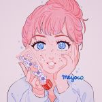  1girl artist_name bangs blue_eyes constellation crescent flower freckles hair_bun hand_on_own_face long_sleeves looking_at_viewer meyoco original parted_lips pink_background pink_hair portrait shirt simple_background smile solo sparkle transparent white_flower white_shirt 