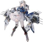  1girl ahoge armor azur_lane bangs black_gloves blue_jacket blush boots breasts cannon clothes_writing dress fish_hair_ornament full_body gloves grey_dress grey_eyes grey_footwear grey_hair grey_legwear hair_ornament hand_up holding jacket large_breasts long_hair nail_polish nineo official_art open_mouth partly_fingerless_gloves rigging seattle_(azur_lane) shin_guards shrug_(clothing) sidelocks skindentation smile standing swept_bangs thigh-highs transparent_background turret turtleneck white_nails wind wind_lift wrist_cuffs 