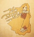  1girl blonde_hair blue_eyes dress eyebrows_visible_through_hair flower frilled_sleeves frills long_hair long_sleeves looking_at_viewer open_mouth original red_flower sakura_szm sleeves_past_fingers sleeves_past_wrists smile solo yellow_dress 