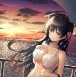  1girl animal_ears atago_(azur_lane) azur_lane bare_arms bare_shoulders bikini black_hair blurry breasts brown_eyes choker cleavage closed_mouth clouds cloudy_sky collarbone depth_of_field diffraction_spikes evening floating_hair flower groin hair_flower hair_ornament hand_on_own_chest hand_up highres horizon large_breasts lkjun_(jg010118) long_hair looking_at_viewer mole mole_under_eye mountain navel ocean orange_sky outdoors pink_flower railing sett sidelocks sky smile solo standing stomach sunset swimsuit upper_body water white_bikini 