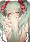  1girl alternate_color alternate_eye_color arm_at_side bare_arms black_ribbon blue_hair blue_nails brown_eyes covering covering_mouth eyelashes fajyobore323 fingernails hair_between_eyes hair_ribbon hand_in_hair hatsune_miku long_hair looking_at_viewer nail_polish pink_ribbon ribbon simple_background solo twintails two-tone_ribbon very_long_hair vocaloid white_background 