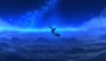  1girl adsuger barefoot blue_sky blue_theme clouds commentary_request dark dress falling galaxy highres light_particles milky_way night night_sky original scenery shooting_star silhouette sky solo sparkle star star_(sky) starry_sky 
