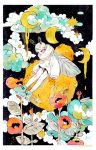  1girl antennae aqua_footwear artist_name bee_girl clouds crater crescent_moon dripping flower grey_hair insect_girl insect_wings leaf long_sleeves maruti_bitamin moon night night_sky original plant red_flower short_hair sitting sky sleeves_past_wrists solo star_(sky) wings 