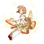  1girl asuna_(sao) brown_eyes brown_hair floral_print flower full_body gradient_legwear hair_flower hair_ornament hair_ribbon highres japanese_clothes kimono long_sleeves looking_at_viewer official_art pink_flower print_kimono print_sleeves red_footwear red_ribbon ribbon short_hair sleeveless sleeveless_kimono smile solo sword_art_online tabi thigh-highs transparent_background white_legwear white_ribbon wide_sleeves yellow_kimono yellow_sleeves younger 