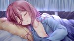  1girl bangs bed_sheet blanket blush breasts cleavage closed_eyes collarbone curtains eyebrows_visible_through_hair facing_viewer go-toubun_no_hanayome gou_lianlian_dogface hair_between_eyes highres indoors long_hair long_sleeves lying medium_breasts nakano_miku night night_sky on_bed on_side pajamas parted_lips partially_unbuttoned pillow purple_hair sky sleeping solo under_covers upper_body 