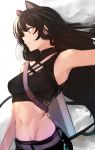  1girl animal_ears belt black_ears black_hair blake_belladonna breasts cat_ears cowboy_shot from_side groin highres isshiki_(ffmania7) long_hair medium_breasts midriff navel rwby solo tank_top wavy_hair white_background yellow_eyes 