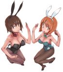 2girls abaratani_kurou animal_ears bangs black_footwear black_legwear black_leotard bow bowtie breasts bunny_tail bunnysuit character_name cleavage closed_mouth collar commentary detached_collar eyebrows_visible_through_hair fake_animal_ears fake_tail flats from_side full_body girls_und_panzer green_footwear green_leotard green_neckwear high_heels highres large_breasts legs leotard light_smile looking_at_viewer medium_breasts multiple_girls name_tag nishizumi_maho nishizumi_miho open_mouth pantyhose rabbit_ears red_collar short_hair siblings simple_background sisters smile standing standing_on_one_leg strapless strapless_leotard symmetrical_hand_pose tail white_background white_collar wing_collar 