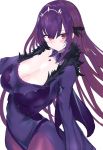  1girl bangs blush breasts cleavage dress expressionless eyebrows_visible_through_hair fafas68 fate/grand_order fate_(series) feather_trim hair_between_eyes headpiece highres large_breasts long_hair long_sleeves looking_at_viewer purple_dress purple_hair red_eyes scathach_(fate)_(all) scathach_skadi_(fate/grand_order) simple_background solo tiara white_background 