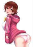  1girl ass blush bow breasts brown_eyes brown_hair commentary_request eyebrows_visible_through_hair from_behind hair_between_eyes honda_mio hood hooded_jacket hoodie idolmaster idolmaster_cinderella_girls jacket large_breasts long_sleeves looking_at_viewer open_mouth panties pink_jacket pink_panties shiroyukimajima shirt short_hair simple_background solo underwear white_background white_shirt yellow_bow 