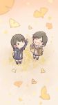  2girls ^_^ akb48 arm_up autumn_leaves bag black_hair black_jacket black_legwear blue_skirt blurry_foreground blush brown_jacket brown_scarf chibi closed_eyes closed_eyes food ginkgo_leaf highres holding holding_bag hood hooded_jacket jacket long_hair long_sleeves looking_up miniskirt mole_above_mouth multiple_girls murayama_yuiri necktie o_o okada_nana paper_bag phone_wallpaper plaid plaid_scarf pleated_skirt real_life red_neckwear scarf short_hair skirt smile standing sweater_vest sweet_potato taneda_yuuta yakiimo 