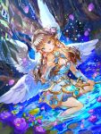  1girl blue_eyes braid breasts brown_hair cleavage cleavage_cutout detached_sleeves flower glowing hair_flower hair_ornament holding holding_weapon in_water leaf long_hair looking_at_viewer night night_sky open_mouth original petals pointy_ears sky tree wand water weapon wings 